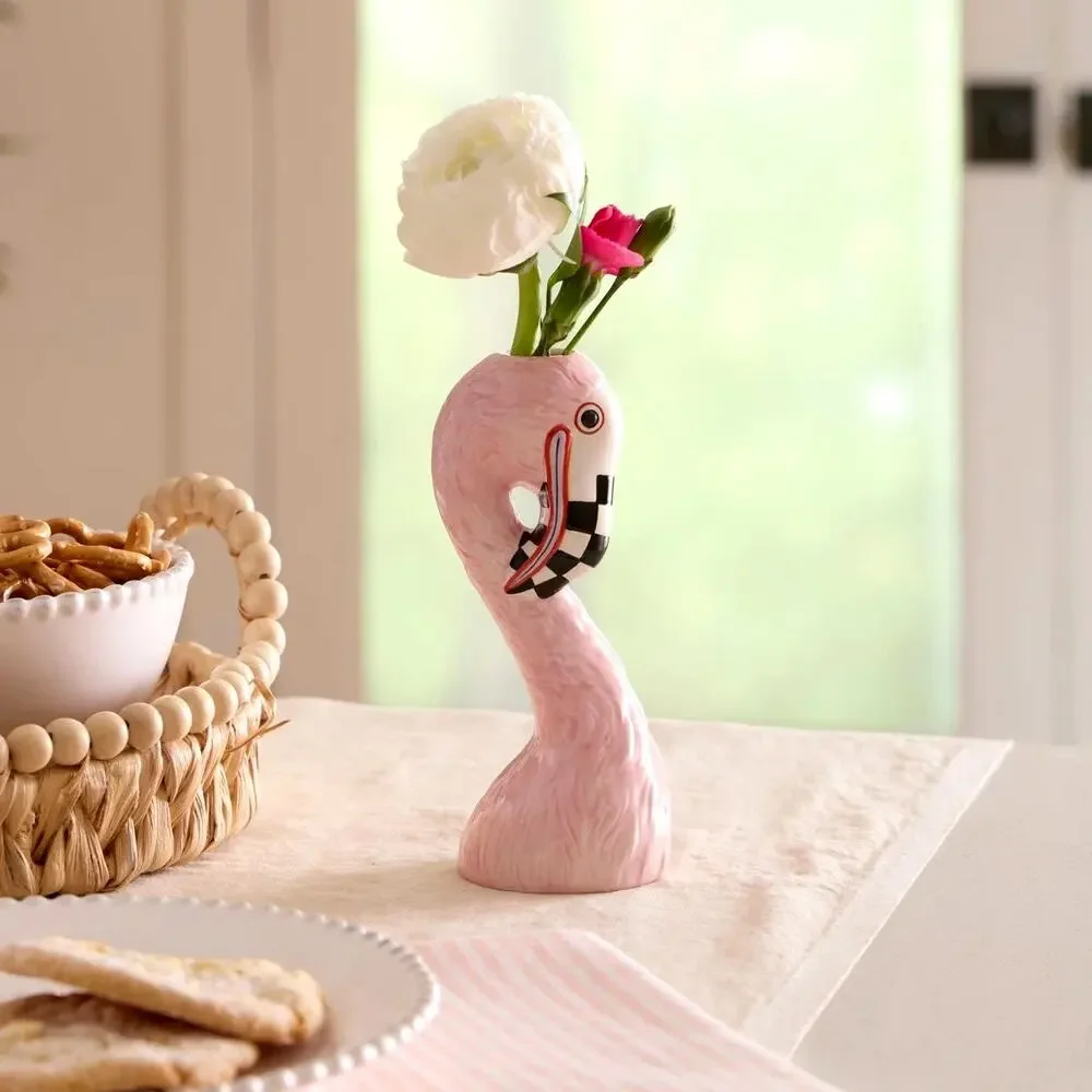 New MacKenzie-Childs Patience Brewster Flamingo Ceramic Bud Vase Chic Homeware